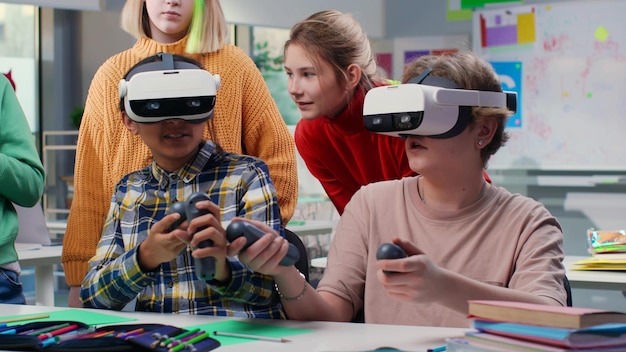 A student using a VR headset to learn a new skill, surrounded by classmates collaborating on different projects with various technologies.