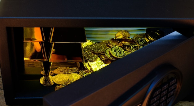 A secure vault filled with stacks of gold bars, guarded by a high-tech security system, representing the safe storage and wealth preservation aspect of investing in physical gold.