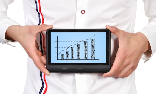A graph showing different financial metrics for a company, with arrows indicating undervaluation in certain areas. The graph is displayed on a tablet held by a person in a business suit.