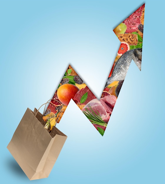 A split image showing the rising cost of groceries over time. On one side, a basket of groceries from 2010 with an affordable price tag, and on the other, a similar basket from 2024 with a significantly higher price tag, illustrating the impact of inflation.