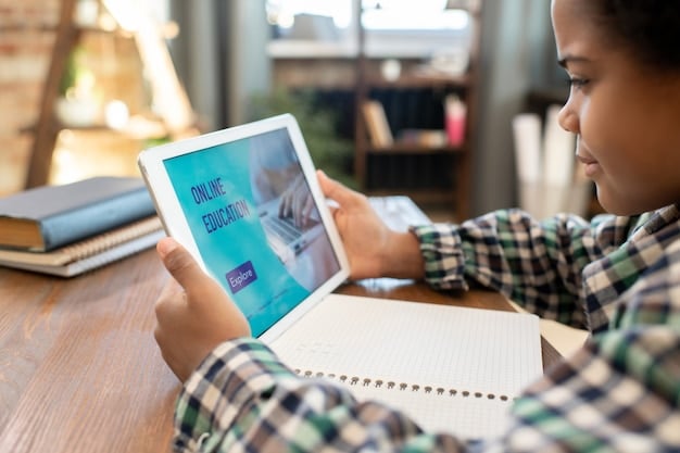 A student using an AI-powered learning platform on a tablet, showing personalized learning recommendations and progress tracking. The background shows other students engaged in similar activities.