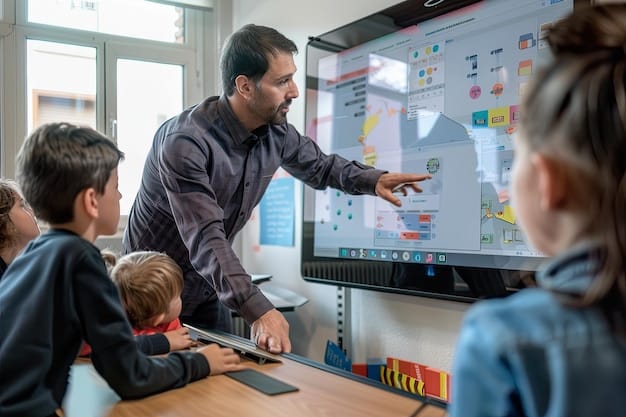 A teacher using an AI dashboard to monitor student progress and identify areas where students need additional support. The dashboard shows various data visualizations and performance metrics.