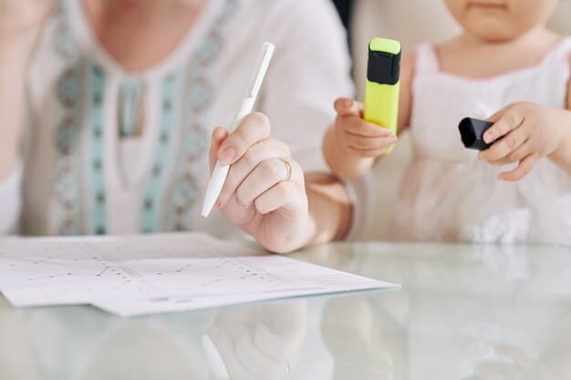 A close-up shot of a parent sitting at a table, reviewing a sample standardized test with their child. The child is looking at the test with a thoughtful expression, and the parent is pointing to a question with a supportive and encouraging gesture. The image conveys the importance of parental involvement.