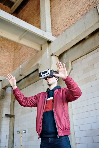 A student wearing a VR headset, engaged in a virtual reality simulation of a construction site. The simulation displays a realistic environment with building structures and equipment, enhancing the student's learning experience.