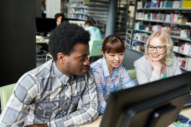 A group of teachers participating in a workshop on using educational technology. The teachers are diverse and engaged, with laptops and tablets on the desks. The workshop is bright and modern, with a whiteboard displaying educational software.