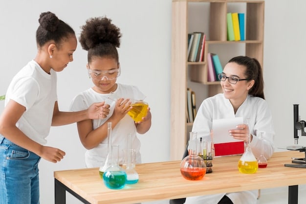 A close-up of children in an elementary school science class conducting an experiment with test tubes and beakers, with a teacher guiding them.