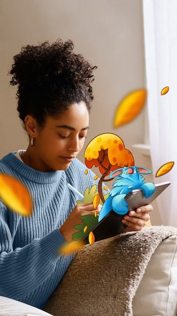 A student using an educational app on a tablet with augmented reality features in a home setting. The app showcases interactive learning and personalized education.