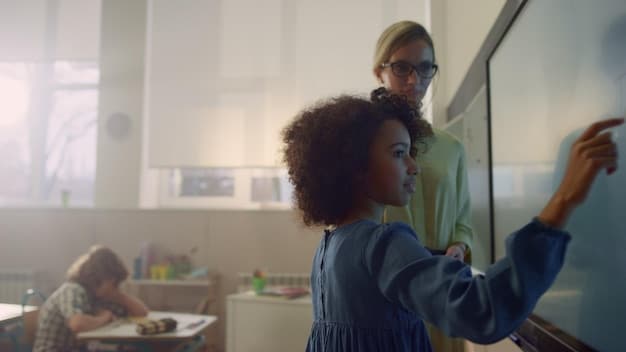 A teacher interacting with a small group of students using a collaborative digital whiteboard. The scene shows a personalized learning environment with the teacher guiding the students through a project.