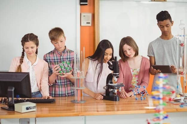 A group of high school students collaborating on a science project in a lab, with equipment and prototypes scattered around them, reflecting hands-on learning and teamwork.
