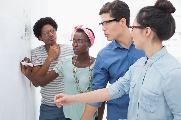 A group of diverse college students collaborating on a project, brainstorming ideas on a whiteboard in a modern university classroom. They are all smiling and engaged in the discussion.