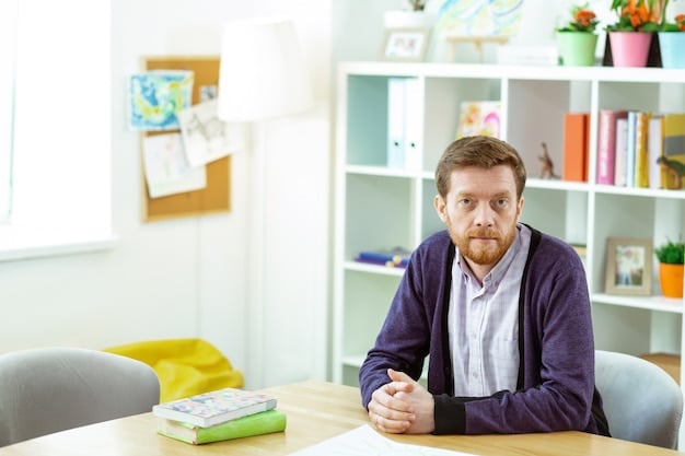 A teacher sitting at a desk, reviewing student work with a focused and thoughtful expression. Stacks of books and papers surround the teacher, suggesting a dedication to their profession. Soft, natural light illuminates the scene.