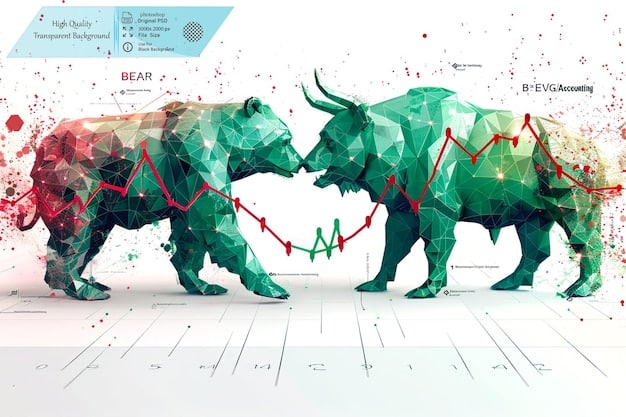 A split image showing contrasting market scenarios: a bull market with upward-trending arrows and a bear market with downward-trending arrows. Each side should have indicators representing key economic factors like interest rates, inflation, and GDP growth.