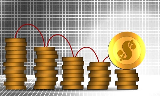 A stack of coins diminishing in size, symbolizing the eroding effect of inflation on the value of money, with a graph showing inflation rates rising in the background.