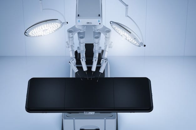 A sleek, advanced robotic surgery system operating with precision in a sterile operating room, showcasing the integration of technology and healthcare.