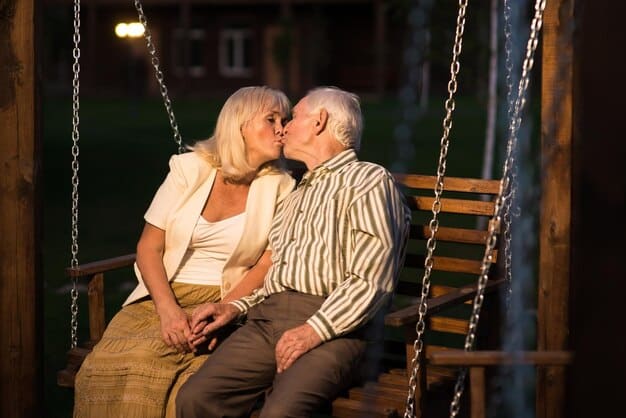 A close-up of a smiling senior couple sitting on a porch swing in front of their suburban home, enjoying a sunny day. They are surrounded by lush greenery, and the scene evokes a sense of peaceful retirement and financial security.