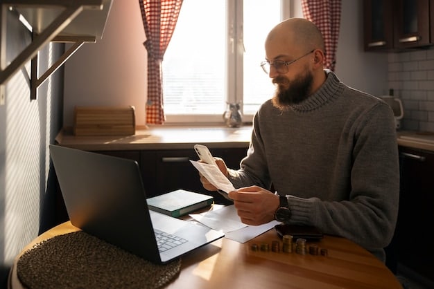 A person sitting at a desk in their home office, carefully reviewing financial documents and using a calculator. The scene conveys a sense of diligent financial planning and personal responsibility.
