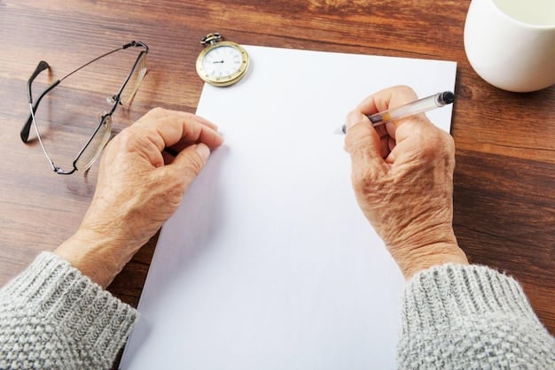 An overhead view of a senior woman's hands carefully reviewing a document titled 
