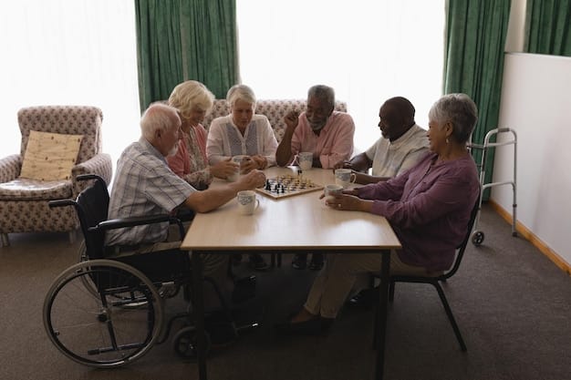 A diverse group of recipients (elderly, disabled, and blind individuals) gathered at a community center, participating in an SSI information session, with a facilitator explaining the program's benefits on a whiteboard.