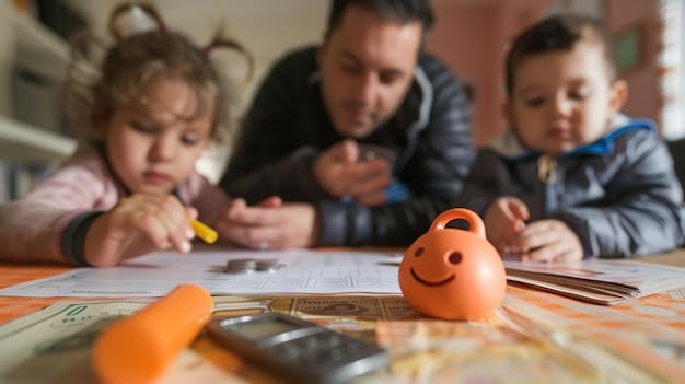 Parents helping their child with homework at a desk, with a visible chart showing household budget and savings goals, illustrating how the tax credit can enable education and future investment.