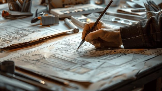 An architect reviewing blueprints on-site at a historic building undergoing rehabilitation, emphasizing the planning and expertise required for a successful project.