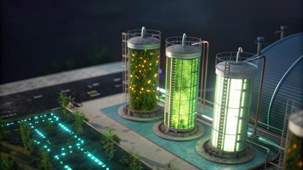 A futuristic biofuel refinery with sleek architecture and integrated solar panels. Green plants cover the walls, symbolizing sustainability. Transparent pipes transport glowing green biofuel. The image highlights the potential of advanced biofuel technologies.