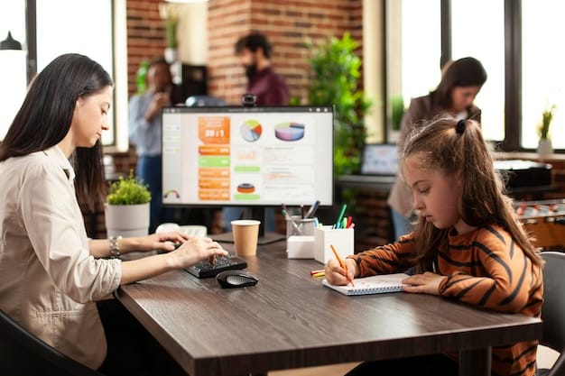 A parent is sitting at a desk with two children, pointing at a graph on a computer screen that shows potential tax credit benefits. The children are engaged and asking questions, while the parent explains the details. The setting evokes a sense of learning and family financial planning.