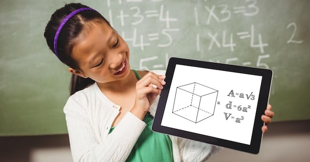 A close-up of a student working on a math problem using a digital tablet, showcasing interactive learning technologies. The student is collaborating with peers in the background, highlighting the modern, technology-integrated approach encouraged by the Common Core updates.