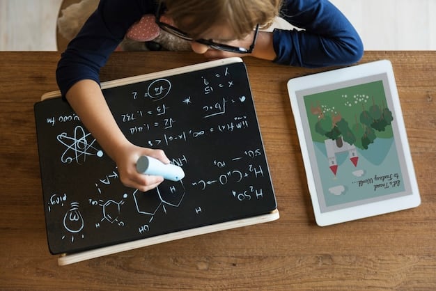 A teacher giving personalized instruction to a student working on a tablet. The screen displays an interactive math problem, highlighting the use of technology in modern education.