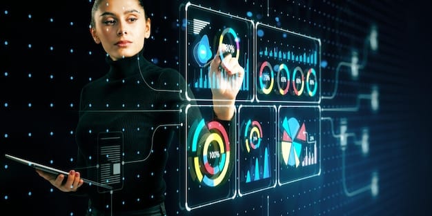 Data visualization of AI algorithms analyzing student performance metrics. The dashboard is showing key performance indicators (KPIs) like test scores, attendance, and engagement levels. Administrators are using this data to make informed decisions about resource allocation and student support programs.
