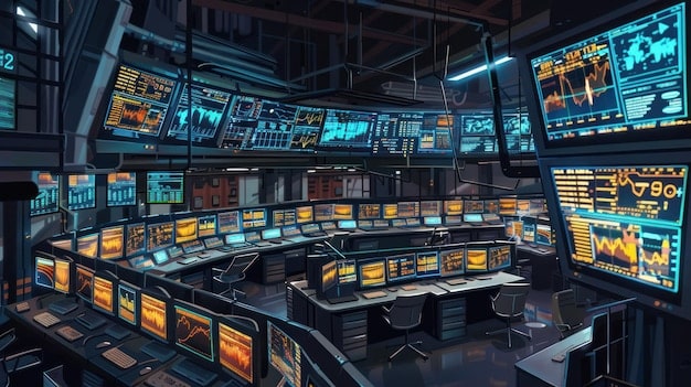 A modern control room filled with computer screens displaying real-time data on energy distribution and consumption. Engineers and technicians are monitoring the systems, symbolizing the modernization of the US power grid.