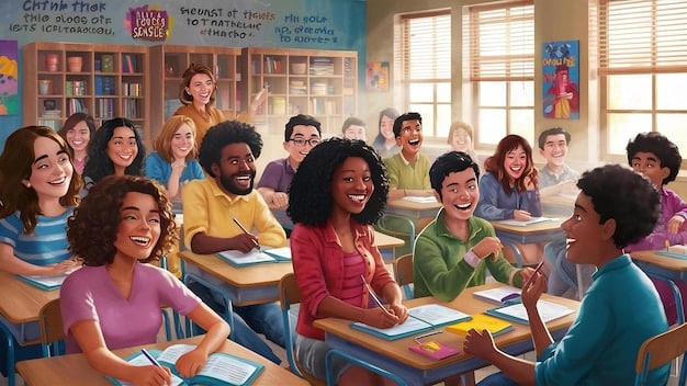 A welcoming classroom scene with a diverse group of students engaged in a lesson, and a teacher smiling warmly at them. The setting symbolizes the dedication of teachers and the positive impact they have on their students, particularly in low-income schools.