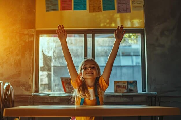 A happy, smiling teacher high-fiving a student in a classroom setting, with sunlight streaming through the windows, symbolizing a brighter financial future and renewed focus on education.
