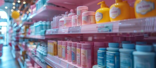 A photograph of Johnson & Johnson products (band-aids, baby shampoo, etc.) displayed on a shelf in a pharmacy, conveying the company's widespread consumer product presence.