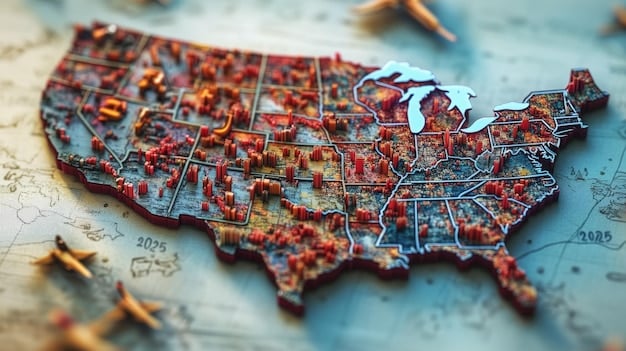 A photograph depicting a map of the United States, with certain states highlighted in red to indicate areas experiencing severe teacher shortages. The map also includes icons representing different subjects (e.g., science beaker, math symbols) to show shortages in specific disciplines.