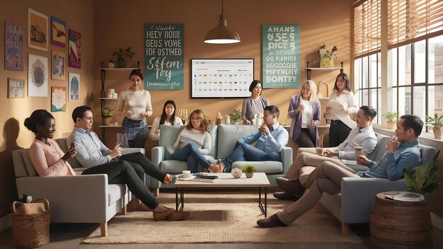 A picture featuring a group of teachers collaborating in a teacher's lounge, some seated around a table reviewing lesson plans, others chatting casually. The room is comfortable and well-equipped with resources, suggesting a supportive environment for educators.